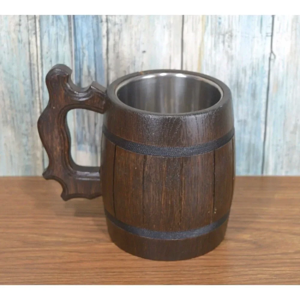 Rustic Wood Beer Mug Tankard Stein | Medieval Viking Style | **Has Crack** AS-IS